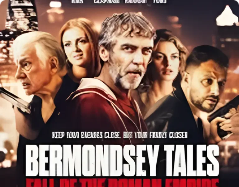 A dramatic movie poster for "Bermondsey Tales: Fall of the Roman Empire" features intense expressions of five characters against a cityscape at night.