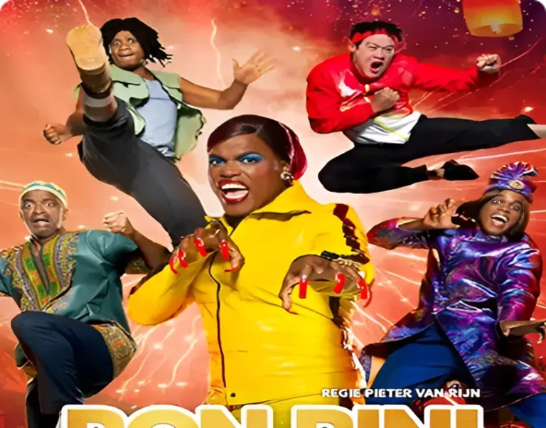 Five energetic performers in colorful outfits strike dynamic martial arts and expressive poses against a vibrant red and orange fireworks backdrop.