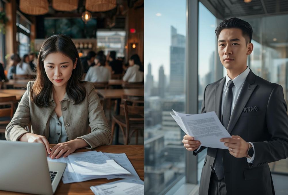 Illustration of steps for foreign creative employment in China: stylized China map, diverse creative workers, legal documents, icons for contract drafting, visa processing, IP protection, tax compliance, and cultural consultation. Concise legal terms and harmonious colors enhance accessibility and real-world context.