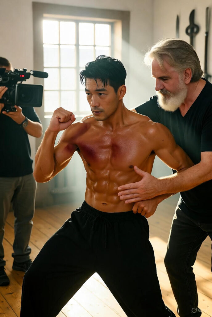 Behind-the-scenes photo of a martial arts actor in a dynamic stance with a seasoned consultant guiding his posture. Sweat, bruises, and worn details emphasize physical mastery and authenticity, while sunlight, crew, equipment, and traditional weapons evoke cinematic realism and dedication.