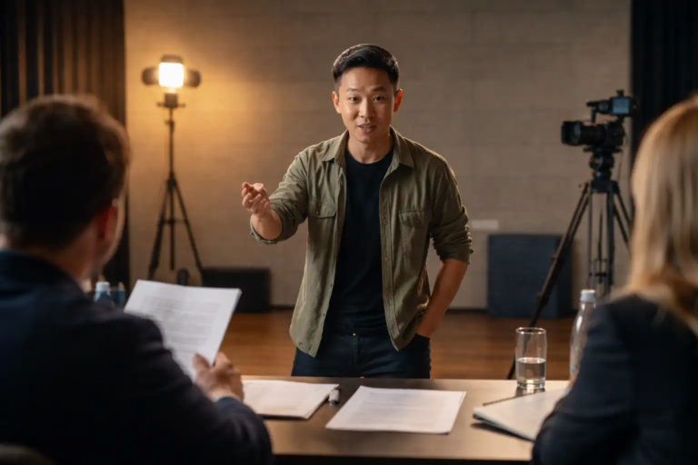 Chinese actor performing during a film and theatre casting audition in front of a director and production team in a professional studio