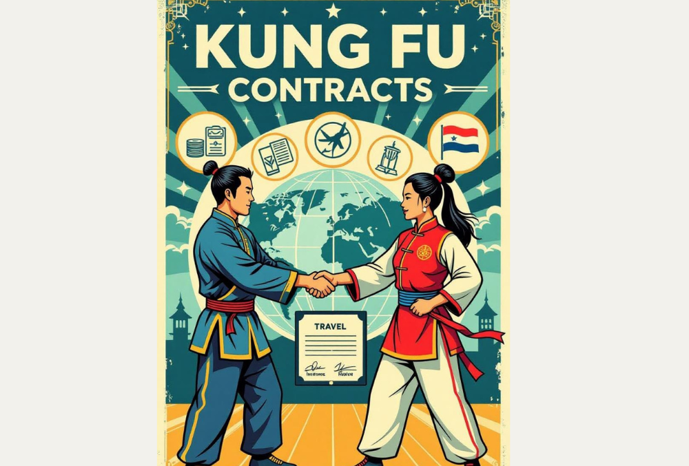 Educational infographic showing Kung Fu performers shaking hands over a signed contract, surrounded by icons for payment, travel, health insurance, performance rights, and legal documents with globe and flag symbols, emphasizing essentials of international contracts for martial artists.