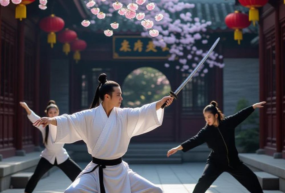 A traditional Chinese wushu master performs a sword routine in a sunlit, historic courtyard beside modern street dancers freezing in dynamic poses, blending classical martial arts precision with contemporary dance amid cherry blossoms, neon city lights, and textured stone and concrete surfaces.