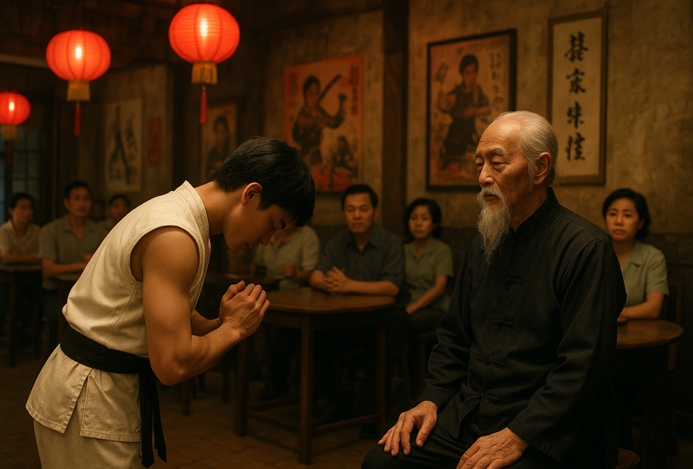A young martial artist bows to an older sifu in a bustling 1970s Hong Kong teahouse. Patrons observe respectfully, red lanterns glow, film posters and calligraphy scrolls decorate the walls, capturing the cultural heritage and mentorship central to Kung Fu cinema.