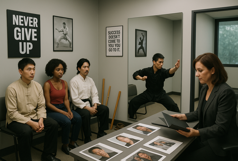 Diverse Kung Fu actors wait in a modern casting agency office as a casting agent reviews portfolios; one actor auditions in a mirrored space while martial arts props, headshots, and motivational posters add to the authentic, detailed scene.