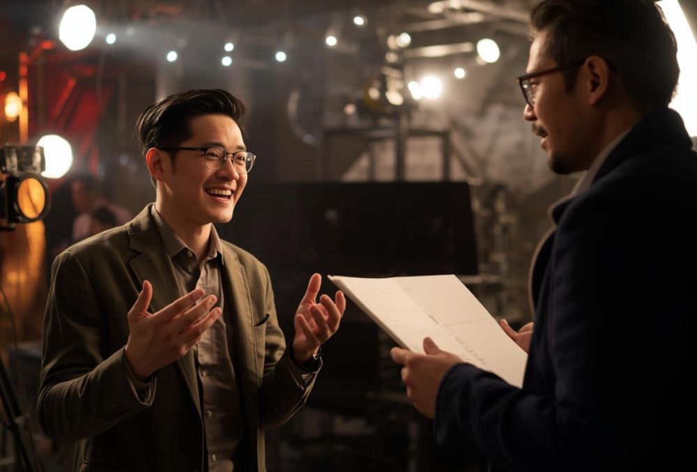 Chinese Dutch bilingual actor discussing a multilingual script with a director on set, representing cross-cultural collaboration in film production.