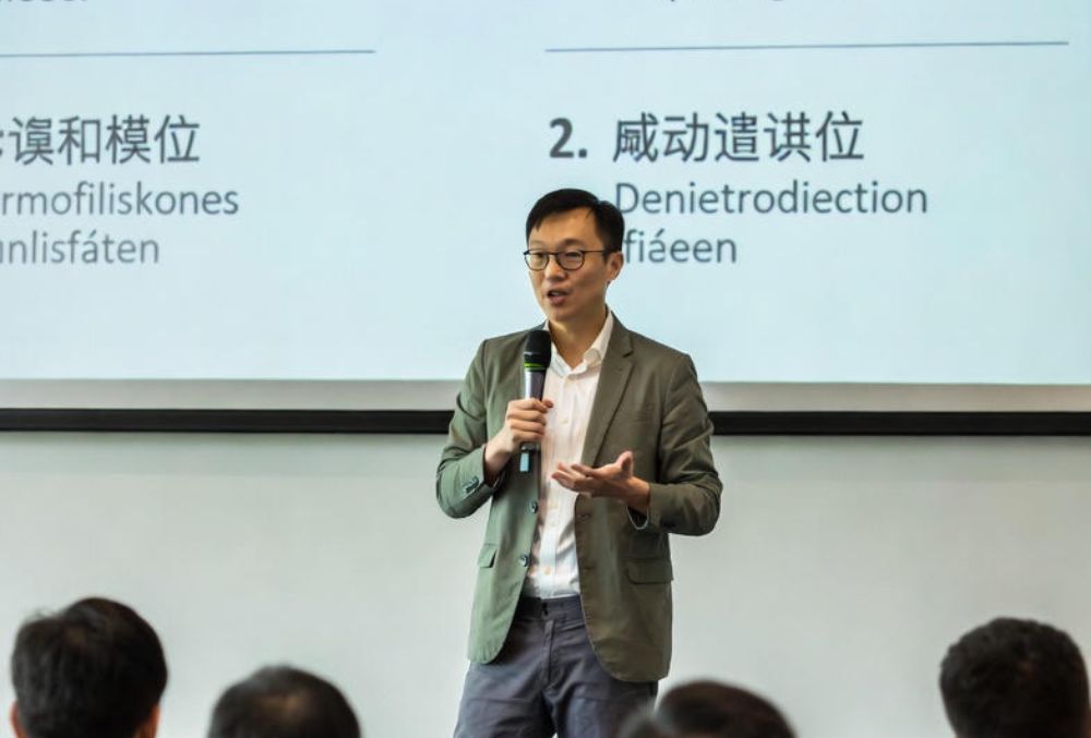 Chinese presenter speaking to an audience at a multilingual event, presenting in Dutch and Chinese with visual screen support.