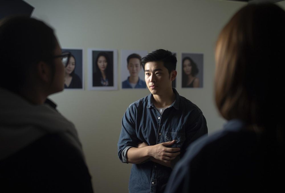 Dutch Chinese actor auditions before Dutch casting directors, illuminated in soft natural light, amid a studio with few East Asian headshots. The mood is candid and contemplative, highlighting the experience and challenges of Dutch Chinese representation in the casting industry.