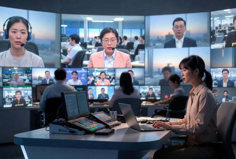 Young female presenter multitasks at a modern Chinese TV studio anchor desk, surrounded by digital screens and diverse presenters interacting with AR graphics. The scene highlights changing demands for versatility and innovation in broadcast media, with authentic studio details and dynamic early evening light.
