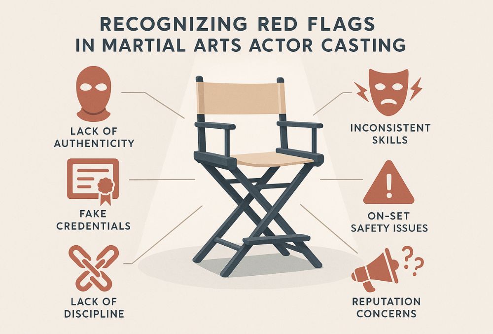 Educational poster showing an empty director’s chair spotlighted on stage, surrounded by six icons illustrating red flags in martial arts actor casting, including fake credentials, inconsistent skills, safety issues, authenticity concerns, discipline problems, and reputation issues.