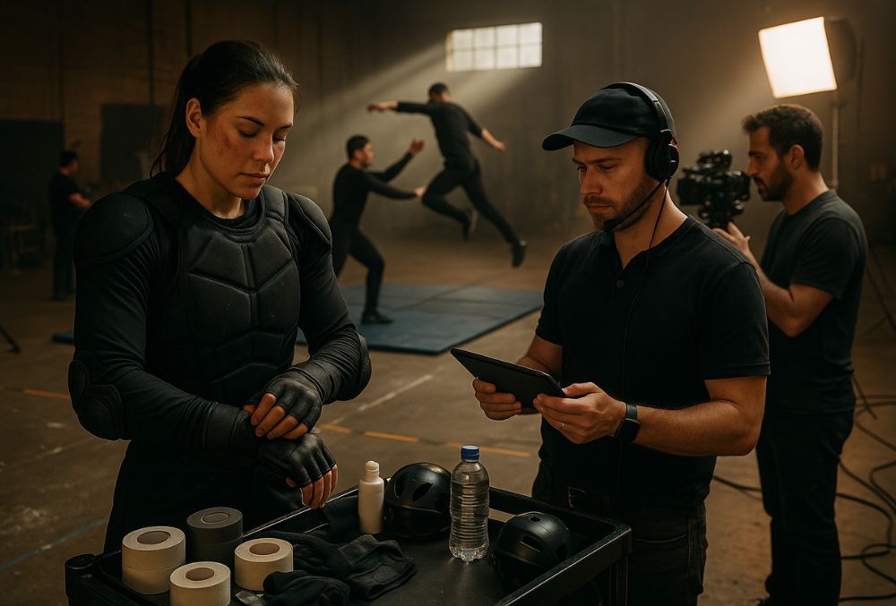 Martial arts stunt performer in black gear adjusts gloves beside equipment cart on a bustling film set. Stunt coordinator reviews a scene, director and camera crew discuss choreography, while two performers rehearse a fight on safety mats amid set props and cinematic lighting.