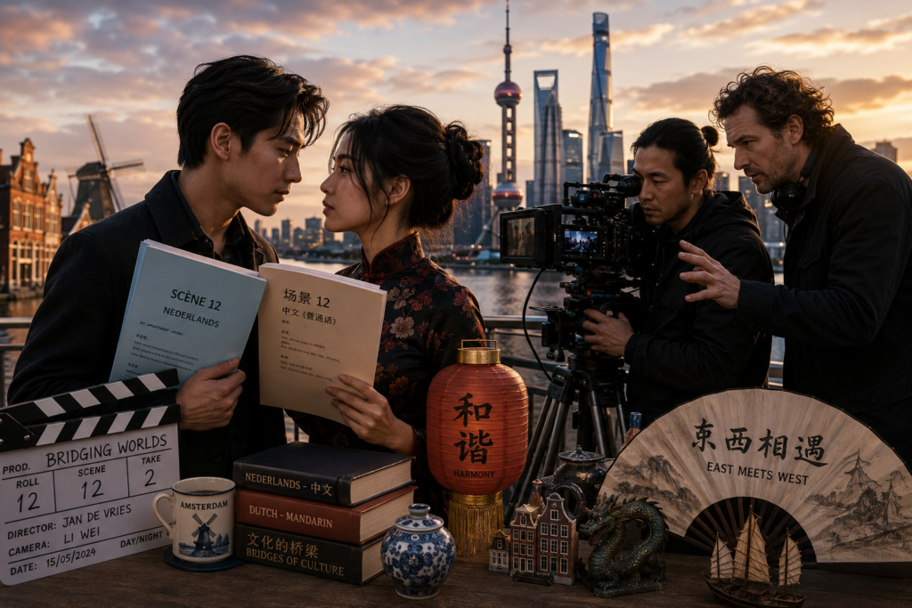 Two Chinese Dutch actors share an intimate moment on a bilingual film set, each holding scripts in Dutch and Mandarin. A Dutch director and Chinese cinematographer collaborate in front of an Amsterdam-Shanghai blended skyline, with props highlighting cross-cultural fusion and cinematic lighting enhancing vivid details.