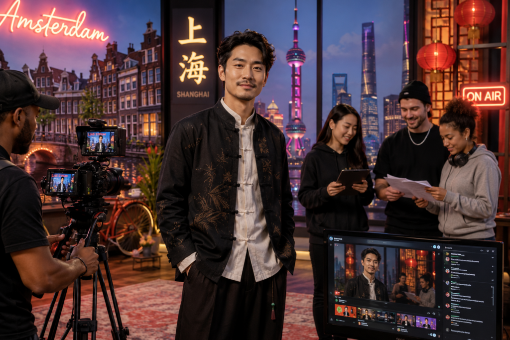 Chinese-Dutch male actor in modern fusion attire stands confidently on a vibrant streaming set combining Amsterdam and Shanghai elements, with a diverse crew and film equipment, representing cross-cultural collaboration and authentic representation in a contemporary studio.