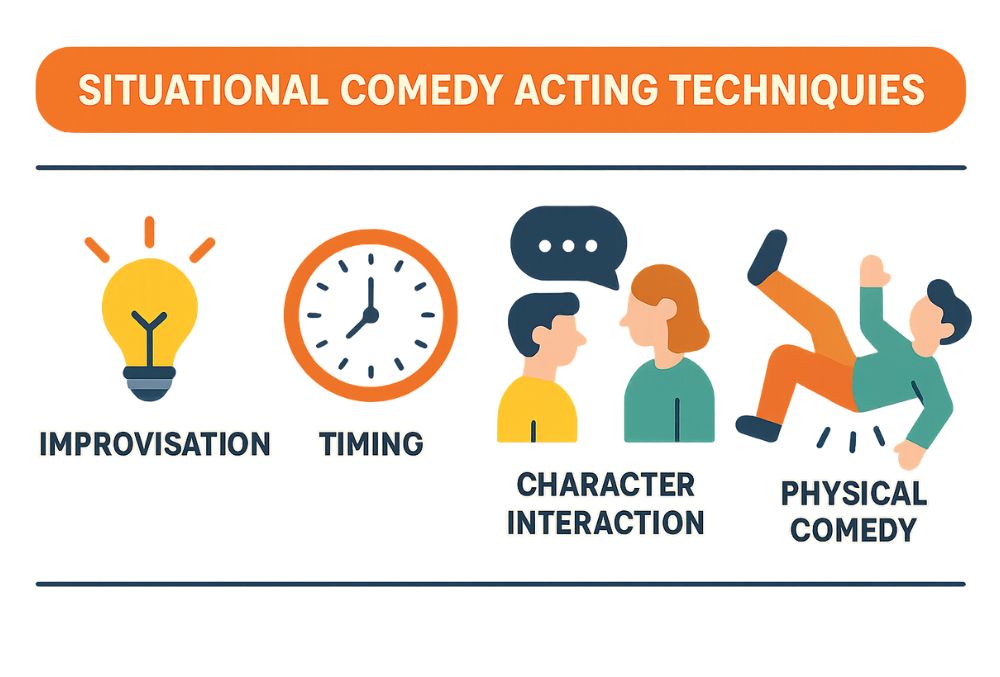Infographic illustrating situational comedy acting techniques with icons for improvisation, timing, character interaction, and physical comedy. Features clean, colorful, simple flat design with minimal text and an accessible, easy-to-follow visual flow.
