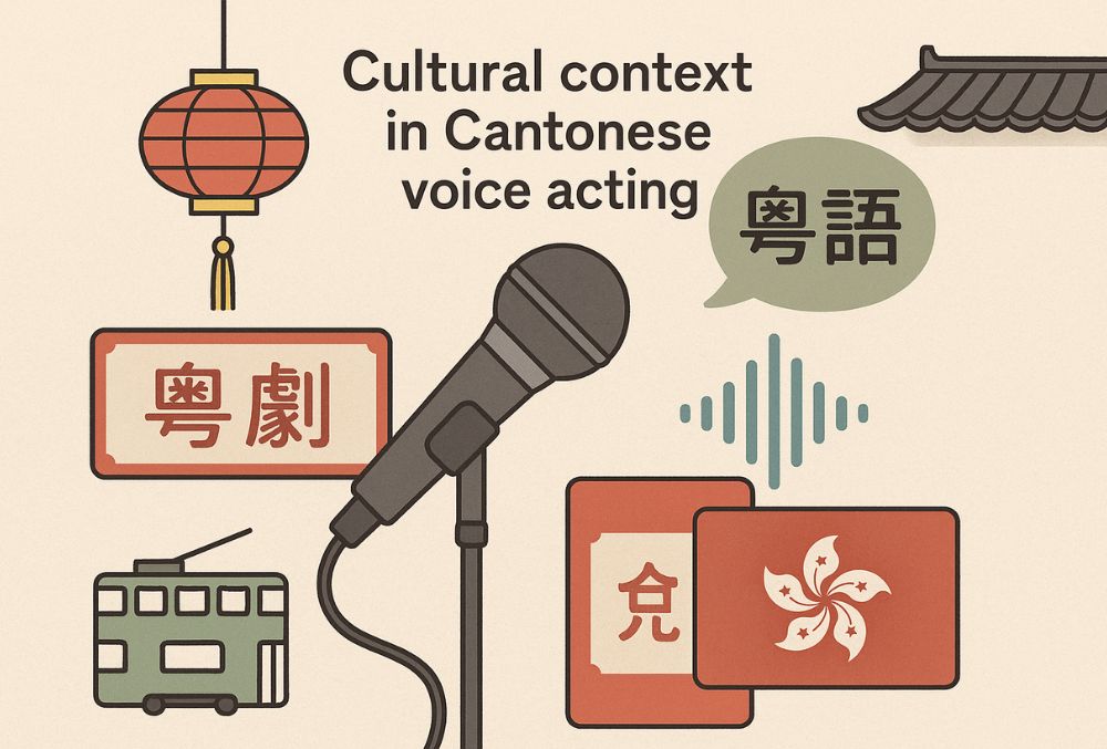 Abstract illustration showing a microphone, sound waves, and subtle Hong Kong cultural symbols blending traditional and modern Cantonese elements, visually representing the significance of Cantonese voice acting in cultural storytelling. Clean, modern composition with minimal text, using a top-down or side angle view.