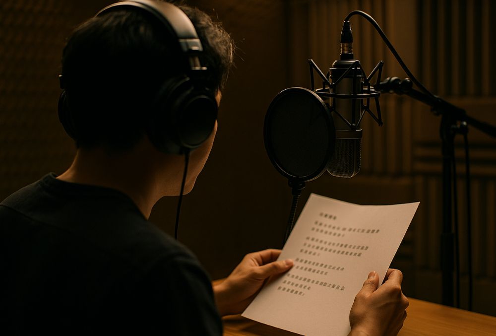 Professional Cantonese voice actor wearing headphones records at a microphone in a soundproofed studio, hands holding a script, face not visible, viewed from the side, with warm lighting creating a cinematic atmosphere, highlighting creativity and dedication to modern voice acting.
