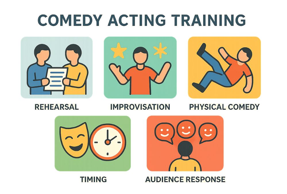 Infographic illustrating comedy acting training methods with icons for rehearsal, improvisation, physical comedy, timing, and audience response. Features a clean, colorful, flat design with minimal text, visually organized flow and no faces, making concepts accessible for diverse cultural perspectives.