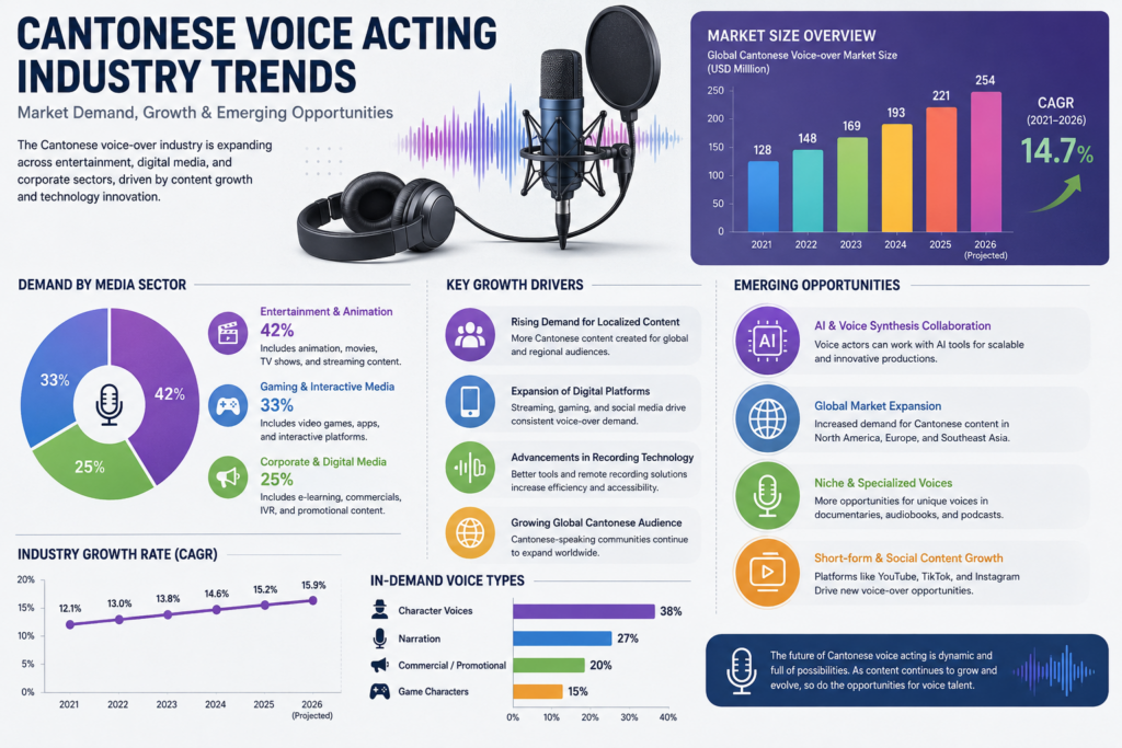 Infographic showing trends in the Cantonese voice acting industry with charts, graphs, and abstract icons like microphones, headphones, and sound waves. Modern, colorful, and data-focused design visualizes current market demand and emerging opportunities in the voice-over sector