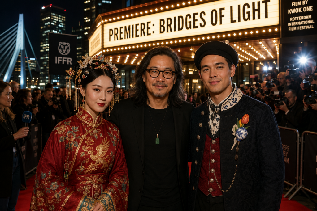 Kwok One, a Chinese-Dutch filmmaker, stands on Rotterdam’s red carpet between two culturally dressed actors. Behind them, a glowing marquee reads 'Premiere: Bridges of Light.' Photographers, reporters, and city lights surround them, symbolizing the fusion of Chinese and Dutch heritage in global cinema.