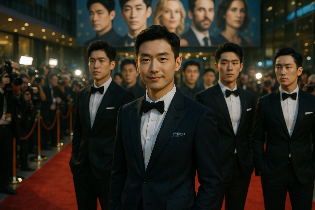 Young Chinese male actors in modern tuxedos stand confidently on a red carpet at an international film festival, surrounded by paparazzi flashes, glossy marble floors, and blurred banners with global film stars, depicting their prominence and elegance in international cinema.