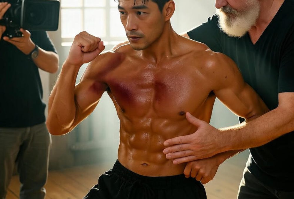 Behind-the-scenes photo of a martial arts actor in a dynamic stance with a seasoned consultant guiding his posture. Sweat, bruises, and worn details emphasize physical mastery and authenticity, while sunlight, crew, equipment, and traditional weapons evoke cinematic realism and dedication.